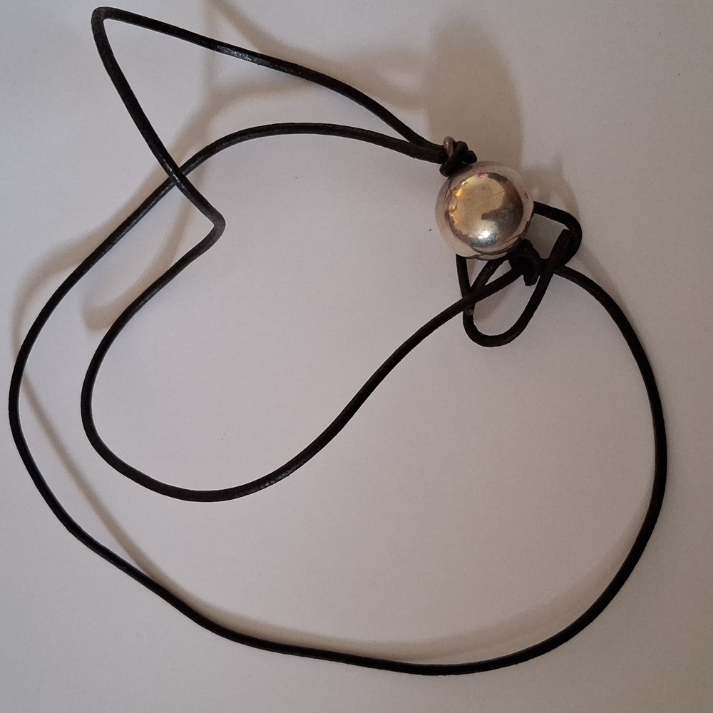 Vintage 1970s Silver Approx 3/4 Diameter Bell Ball Pendant On Leather Cord